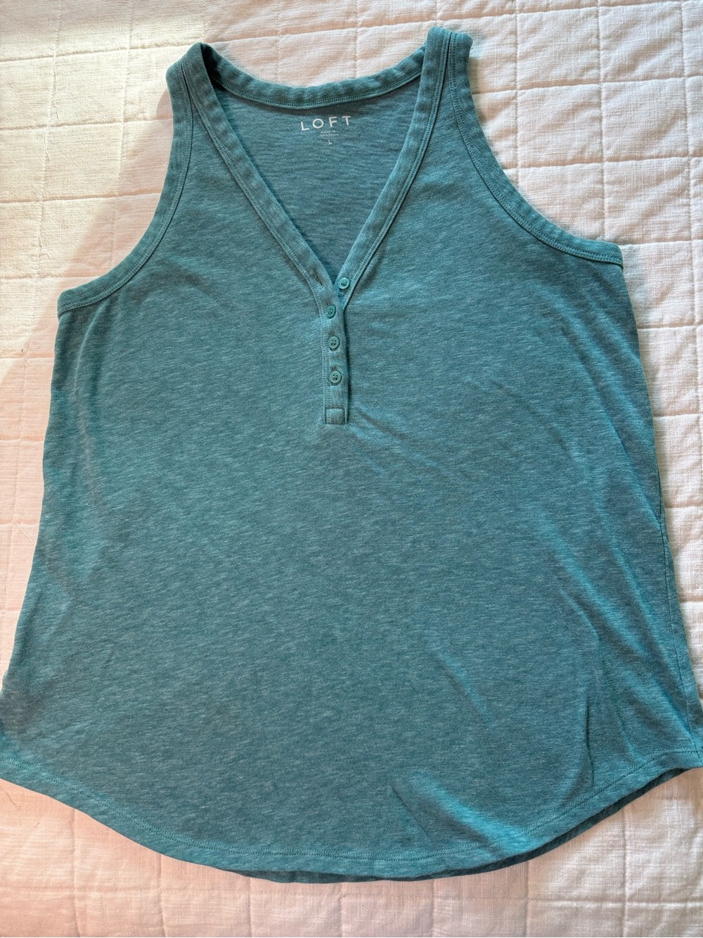 LOFT Teal V-Neck Henley Tank Top - Sleeveless Women's Tee